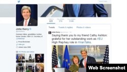 پیام قدردانی جان کری وزیر خارجه آمریکا در توئیتر از اقدامات کاترین اشتون مسئول سیاست خارجی اتحادیه