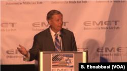 U.S. Republican Senator Lindsey Graham addresses an annual dinner of the pro-Israel research group Endowment for Middle East Truth in Washington, June 12, 2019. 
