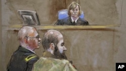 Sketsa situasi sidang kasus pembunuhan yang diduga dilakukan oleh Mayor Nidal Malik Hasan (kanan) di pengadilan Fort Hood, Texas (21/8).