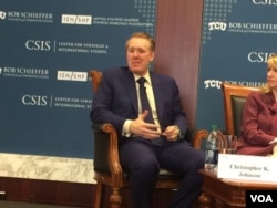 国际与战略研究中心高级顾问兼费和中国研究项目主任张克斯在研讨会上 (美国之音莉雅拍摄)