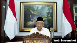 Wakil Presiden Ma'ruf Amin saat menghadiri peringatan Hari Kebangkitan Teknologi Nasional (Harteknas) 2020 secara online, Senin, 10 Agustus 2020. (Foto: screenshoot).
