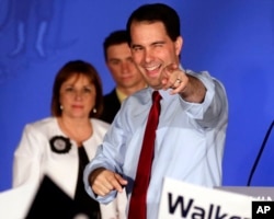 Wisconsin Republican Gov. Scott Walker reacts at his victory party in Waukesha after winning a recall election, June 5, 2012.