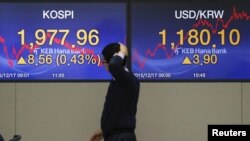 17일 한국 서울의 은행 전광판에 한국 종합 주가 지수(왼쪽)와 미국 달러화 환율이 표시되어 있다.