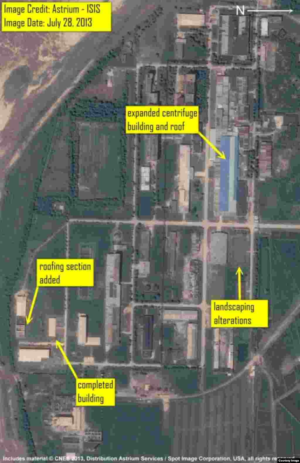 Satellite imagery of the Yongbyon Fuel Fabrication plant from July 28, 2013 showing the expansion of the gas centrifuge plant building.