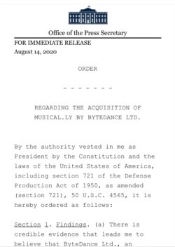 特朗普总统8月14日下令，中国的字节跳动从在美运营的TikTok撤资。