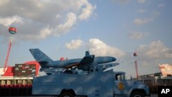 A drone is paraded in Pyongyang, North Korea, Oct. 10, 2015.