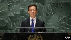 中国国家副主席韩正2023年9月21日在第78届联合国大会上发表讲话。