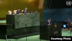 9일 국제원자력기구(IAEA) 연례보고서를 주제로 열린 유엔총회 회의에서 김성 유엔주재 북한대사가 발언하고 있다. United Nations. 