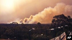 Foto yang dirilis oleh Dinas Pemadam Kebakaran New South Wales ini menampilkan asap kebakaran hutan yang mengepul dari wilayah Springwood, sebalah Barat kota Sydney (17/10).