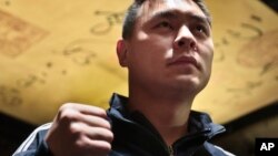 Chinese Boxer Zhang Zhilei, a 2008 Beijing Olympics silver medalist, at a press conference in New York City, March 10, 2014.