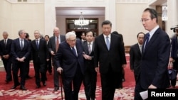 中国国家主席习近平与美国前国务卿基辛格步入北京人大会堂出席2019创新经济论坛。 （2019年11月22日）