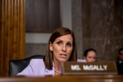FILE - Sen. Martha McSally, R-Ariz., speaks during a Senate Armed Services Committee hearing on Capitol Hill in Washington, July 30, 2019, for the confirmation hearing of Gen. John Hyten to be Vice Chairman of the Joint Chiefs of Staff.