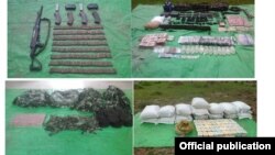 ရခိုင်တပ်နဲ့ တိုက်ပွဲဖြစ်ပွားစဉ် သိမ်းဆည်းရမိ လက်နက် ပစ္စည်းများ သတင်းဓာတ်ပုံ- ပြန်ကြားရေးဝန်ကြီးဌာန။ 