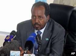 Somalia's President Hassan Sheikh Mohamud speaks at a press conference in Mogadishu, Somalia, , Sept. 12, 2012. File photo