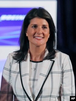 Nikki Haley is introduced at the Boeing annual shareholders meeting at the Field Museum in Chicago, April 29, 2019.