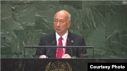 고로 벳쇼 유엔주재 대가 9일 국제원자력기구(IAEA) 연례보고서를 주제로 열린 유엔총회 회의에서 발언하고 있다. United Nations.