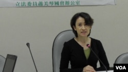 民进党立委萧美琴2月23日在立院记者会上(美国之音申华拍摄)