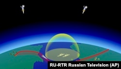 In this video grab provided by RU-RTR Russian television via AP television on Thursday, March 1, 2018, a computer simulation shows the Avangard hypersonic vehicle maneuvering to bypass missile defenses.