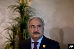 FILE - Gen. Khalifa Hifter, military chief of Libya's internationally recognized government, shown in Amman, Jordan, Aug. 24, 2015.