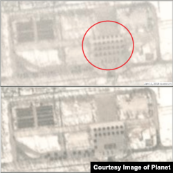 1월11일자 ‘플래닛’의 위성사진 점 형태로 집결한 병력(붉은 원 안)이 보인다. 아래 사진에서 이들 병력의 대열이 이동한 것을 볼 수 있다. (사진제공=Planet)