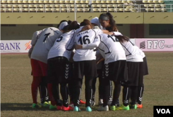 FILE - The Afghan women's team is seen participating in the South Asian Football Federation Championship, Islamabad, Pakistan, Nov. 21, 2014. (A. Gul/VOA)