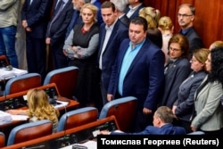 MACEDONIA, A group of opposition members of the VMRO-DPMNE stand to boycott the vote as the Macedonian parliament passed constitutional changes to allow the Balkan country to change its name to the Republic of North Macedonia, in Skopje, Macedonia, October 19