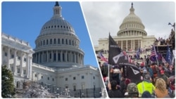 今天的美国会大厦与一年前的国会大厦。（1月6日）