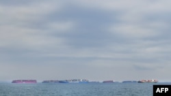 多艘集装箱船在美国洛杉矶港口外排队等候进入港口。(2021年10月6日)