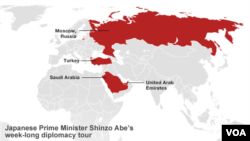Stops on Japanese Prime Minister Shinzo Abe's week-long economic diplomacy tour of Russia and the Middle East.