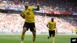 ایدین هازارد، مهاجم بلجیمی که چهارمین گول تیمش را در برابر تونس به ثمر رساند.