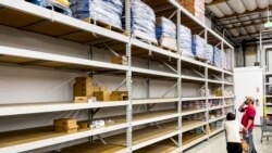 A man browses largely empty shelves for cat food at Pet Club on Nov. 18, 2021, in Emeryville, California. According to store employees, supply chain issues are preventing the store from keeping products stocked.