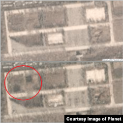 지난해 11월21일(위)과 11월27일을 찍은 ‘플래닛’의 위성사진. 아래 사진에서 차량들이 들어선 모습(붉은 원 안)이 확인된다. (사진제공=Planet)