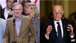 የዩናይትድ ስቴትስ የሕግ መወሰኛ ምክር ቤት አብዝኀ መሪ ሪፐብሊካን ሚች ማኮኔል (ግራ) እና የአናሳዎቹ መሪ ዴሞክራት ቸክ ሹመር (ቀኝ)