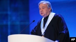 United Nations Secretary General Antonio Guterres delivers a speech in Lisbon, Feb. 19, 2018.
