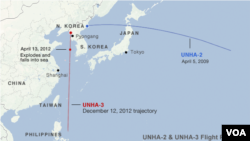 Trajectory paths of the UNHA-2 and UNHA-3 rockets near North Korea (CLICK TO ENLARGE)
