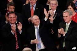 Rep. Steve Scalise, R-La., acknowledges President Donald Trump's introduction during the State of the Union address to a joint session of Congress on Capitol Hill in Washington, Jan. 30, 2018.