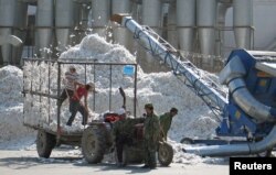 2005年 10月，新疆石河子生产建设兵团的一个棉花加工厂的工人们在工作。（资料照片）