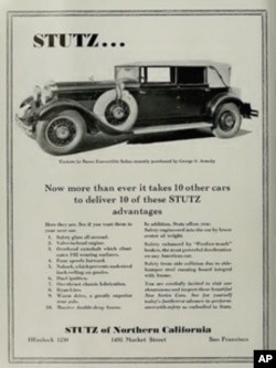 The ad on the left, for a San Francisco auto dealer, touts the merits of the 1929 Stutz, one of the classic cars made in Indiana.