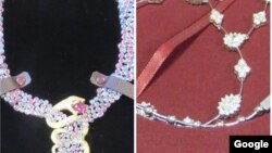 Üzərinə həbs qoyulmuş sapfir və rubinlərlə bəzədilmiş 156 min $ dəyərində olan Boucheron və 26 min $ dəyərində olan Van Cleef & Arpels boyunbağıları.
