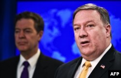 마이크 폼페오 미국 국무장관과 샘 브라운백 국제종교자유 담당 대사가 지난 5월 국무부에서 연례 국제종교자유보고서를 발표했다. 보고서는 북한의 심각한 종교 탄압 등 인권 침해를 지적했다.