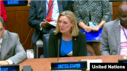 안드레아 톰슨 미 국무부 군축· 국제안보 담당 차관이 10일 유엔총회 제1위원회에서 발언하고 있다.