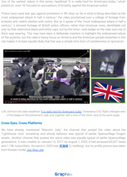 亲中国的政治网络“垃圾邮件龙”发布在YouTube上的一段视频，扰乱美国政治舆论，却在展现美国混乱的视频中用了英国的图像。（图片来源：社交媒体监测公司Graphika的报告。）