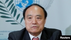 国际电联秘书长赵厚麟在日内瓦的一个记者会上（2018年5月28日）