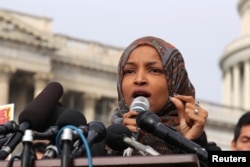 FILE - U.S. Representative Ilhan Omar speaks at a news conference at the U.S. Capitol in Washington, Feb. 7, 2019.