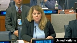 24일 유엔본부에서 열린 유엔총회 제1위원회 회의에서 미국 정부 대표로 참석한 레이첼 힉스 씨가 발언하고 있다.