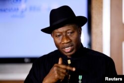 FILE - Nigerian President Goodluck Jonathan speaks to the media on the situation in Chibok.