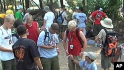 Boy Scouts trading patches at the Boy Scouts National Jamboree in Fort A.P. Hill, Virginia