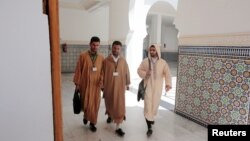Students walk to attend religious courses at Mohammed VI Institute for training Imams in Rabat, Morocco, April 16, 2019. 