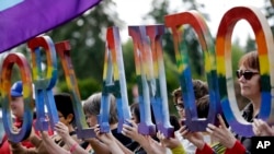 Des membres d'organisation LGBT devant le Capitole, à Washington DC, le 15 juin 2016. 