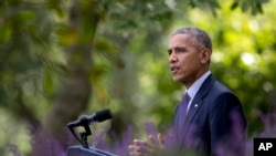 美国总统奥巴马在白宫玫瑰园就巴黎气候协议即将生效讲话。（2016年10月5日）